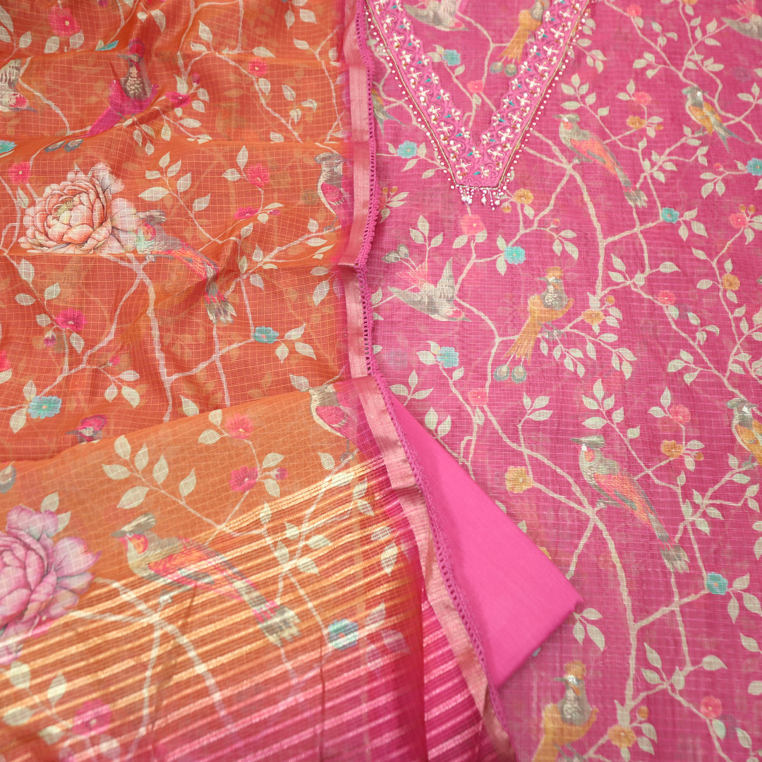 Sahiba Bright Pink V Neck with Moti and Kardana Work Floral Print Kota Doriya Set