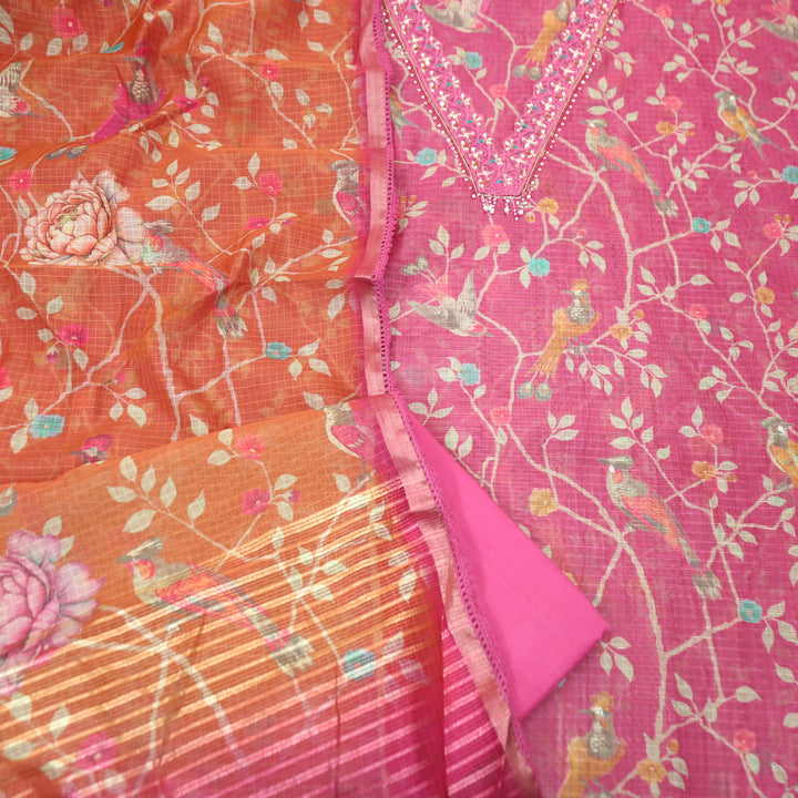 Sahiba Bright Pink V Neck with Moti and Kardana Work Floral Print Kota Doriya Set