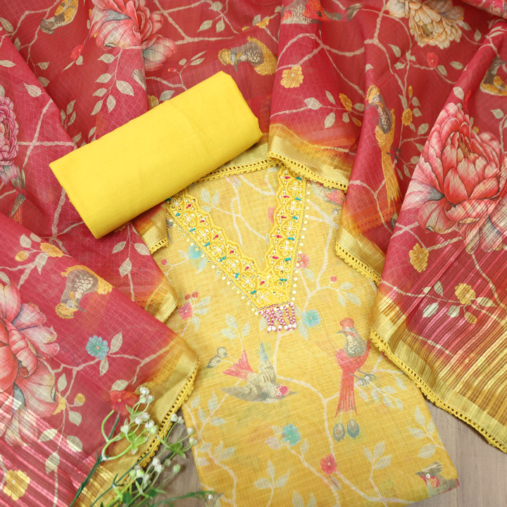 Sahiba Bright Yellow V Neck with Moti and Kardana Work Floral Print Kota Doriya Set
