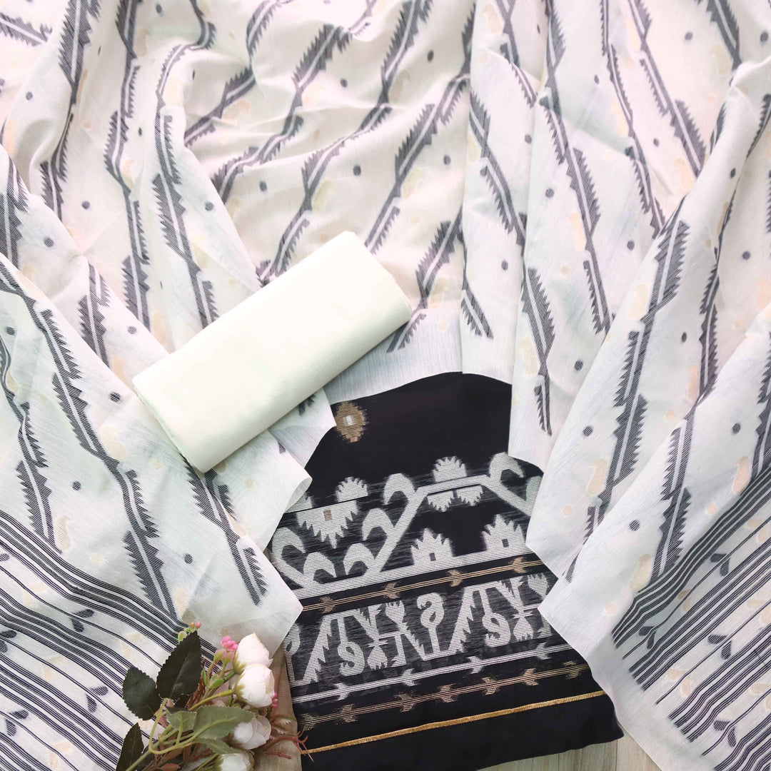 Jannat Black with White Authentic Jamdani Weaved Suit Set D1
