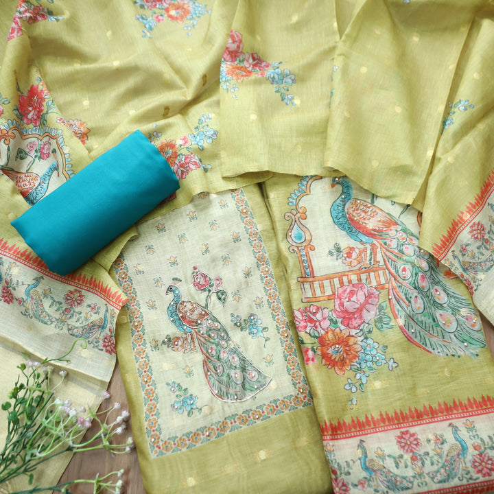 Ravaya Mint Green Peacoak Print Yoke Brocade Chanderi Se