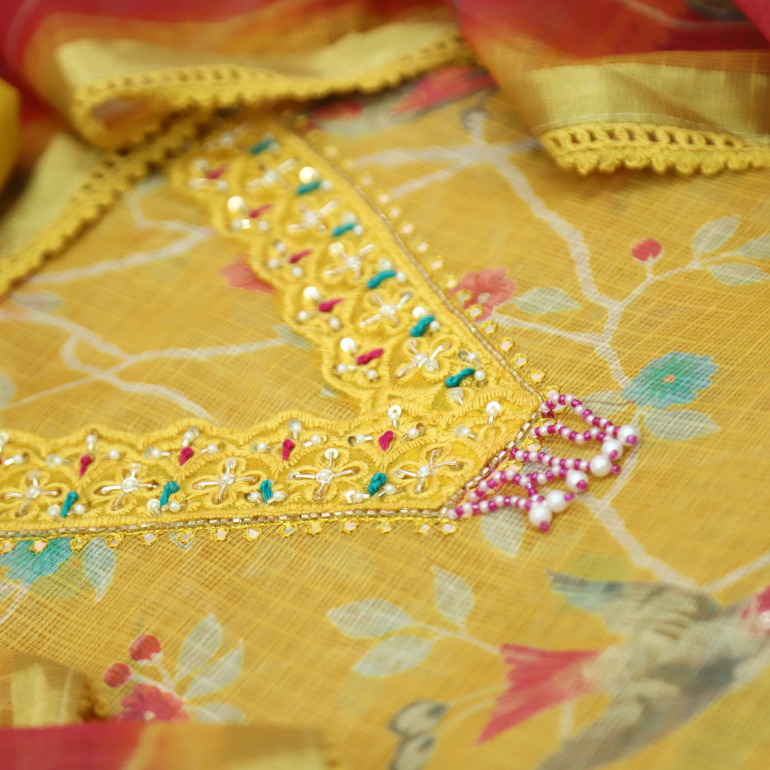 Sahiba Bright Yellow V Neck with Moti and Kardana Work Floral Print Kota Doriya Set