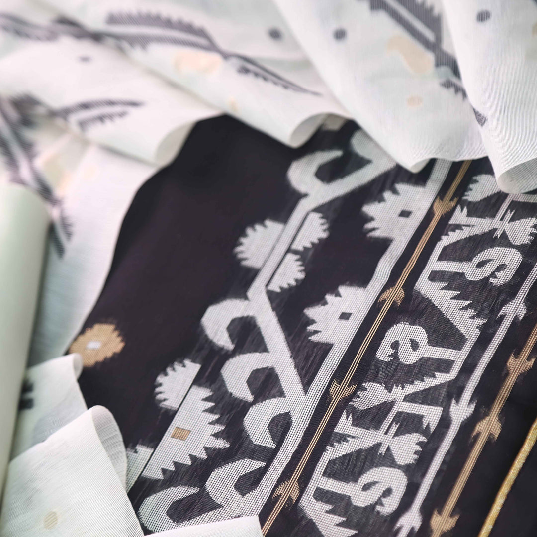 Jannat Black with White Authentic Jamdani Weaved Suit Set D1