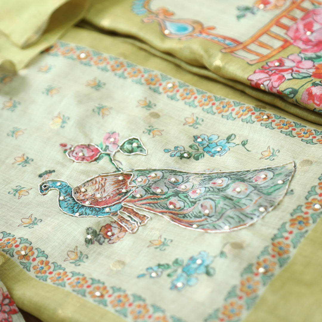 Ravaya Mint Green Peacoak Print Yoke Brocade Chanderi Se