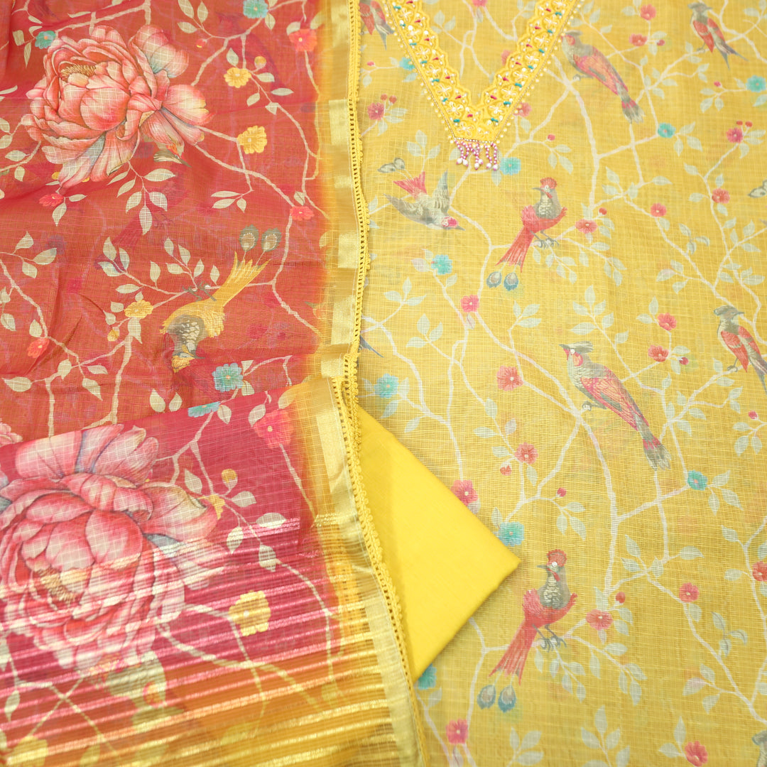 Sahiba Bright Yellow V Neck with Moti and Kardana Work Floral Print Kota Doriya Set