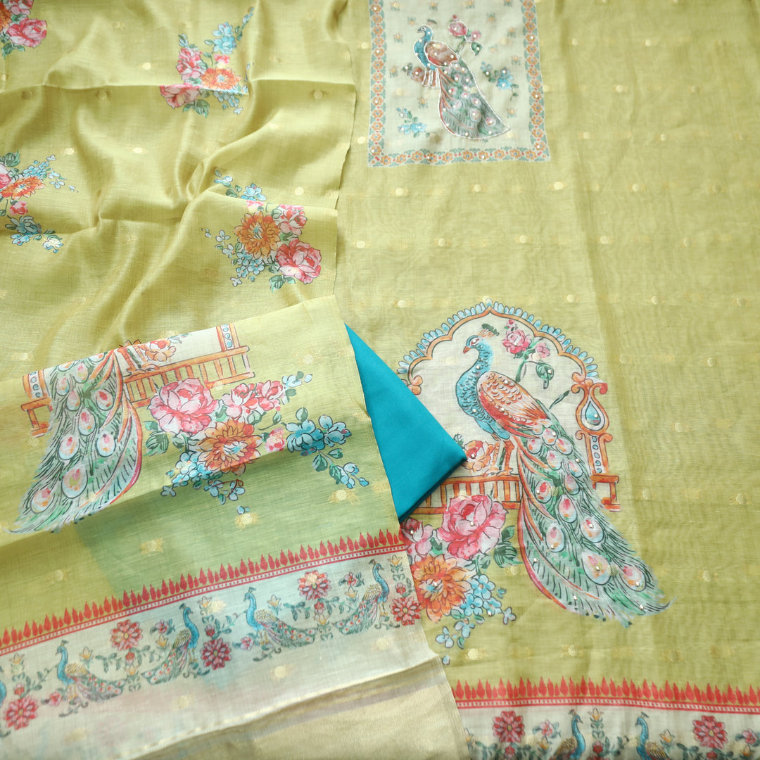 Ravaya Mint Green Peacoak Print Yoke Brocade Chanderi Se