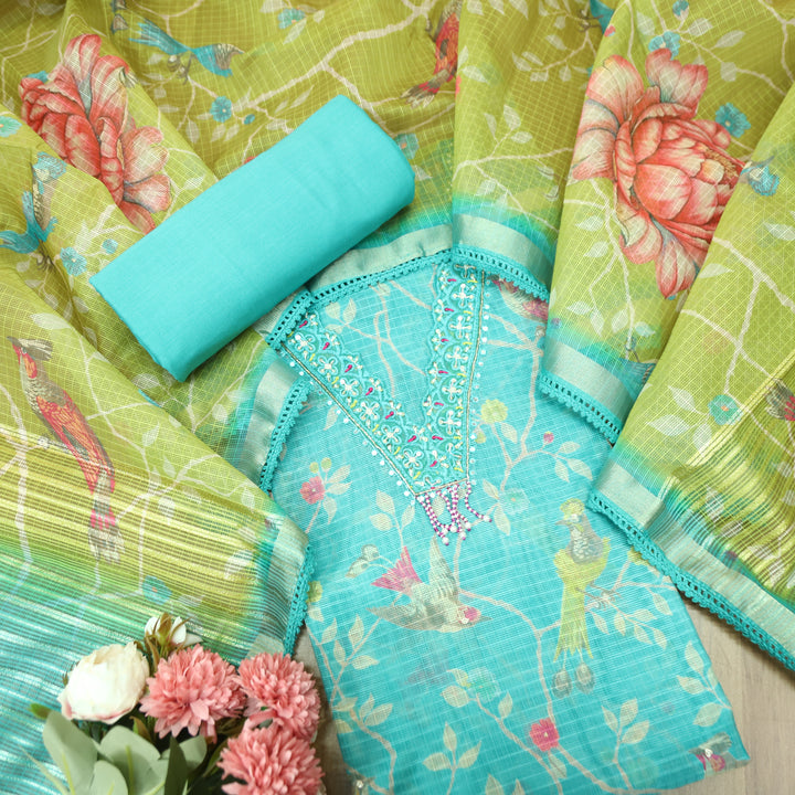 Sahiba Aqua Blue V Neck with Moti and Kardana Work Floral Print Kota Doriya Set