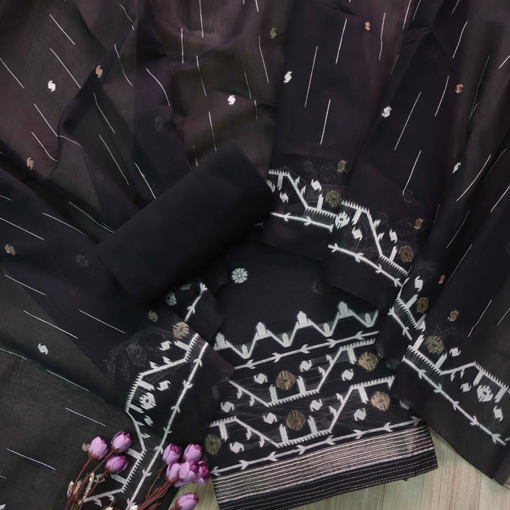 Jannat Black with White Authentic Jamdani Weaved Suit Set D2
