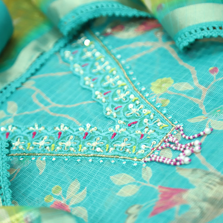 Sahiba Aqua Blue V Neck with Moti and Kardana Work Floral Print Kota Doriya Set