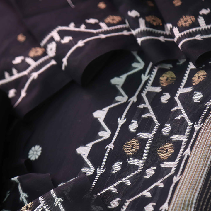 Jannat Black with White Authentic Jamdani Weaved Suit Set D2