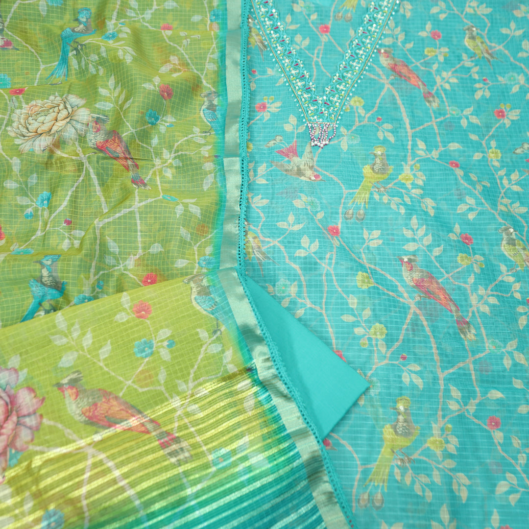 Sahiba Aqua Blue V Neck with Moti and Kardana Work Floral Print Kota Doriya Set