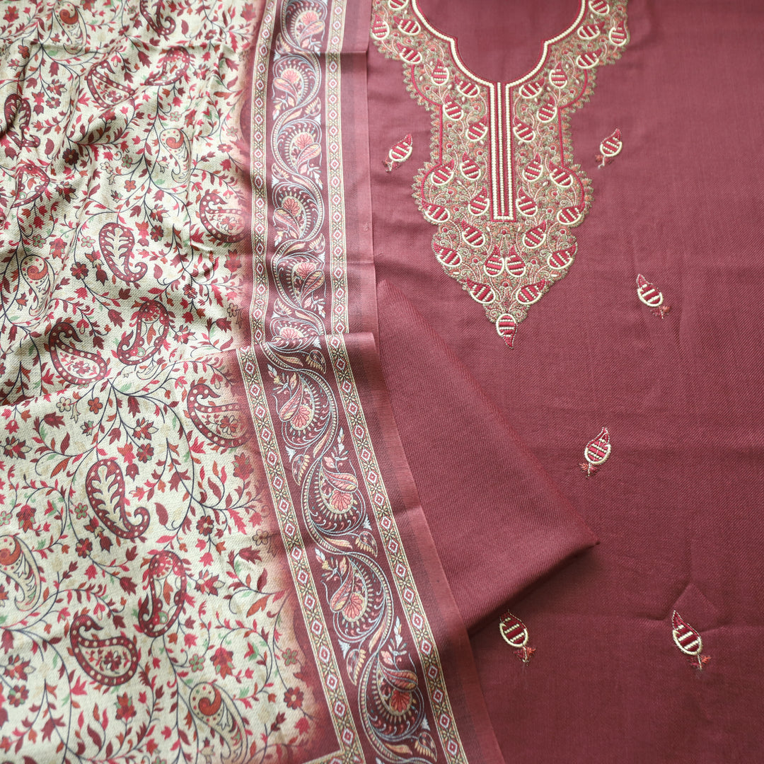 Mahisma Brick Maroon Embroidered Neck Semi Pashmina Winter Set