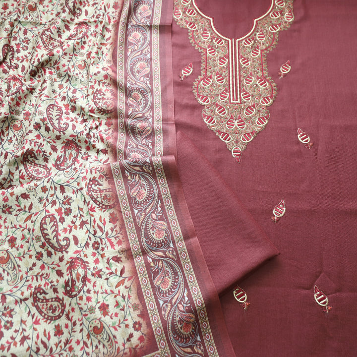 Mahisma Brick Maroon Embroidered Neck Semi Pashmina Winter Set