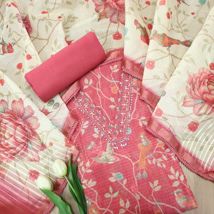 Sahiba Barn Blush V Neck with Moti and Kardana Work Floral Print Kota Doriya Set