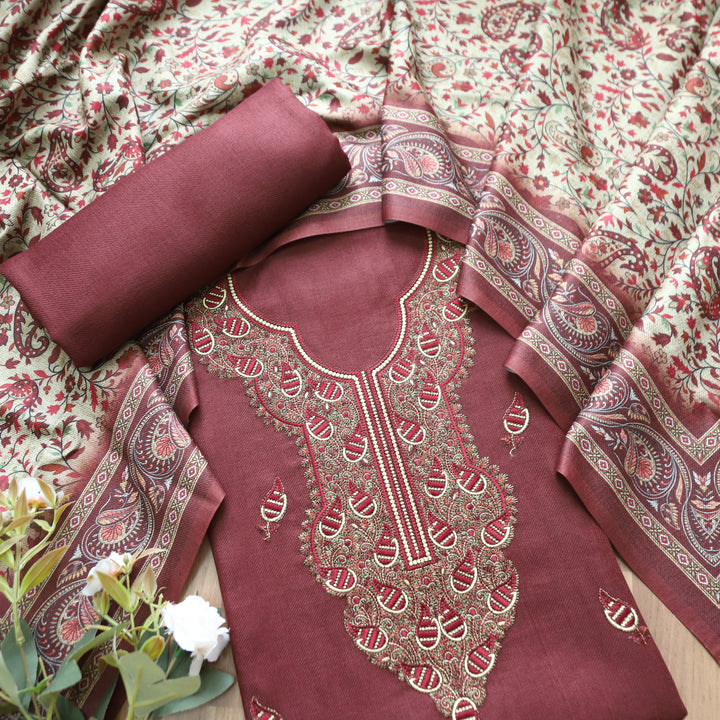 Mahisma Brick Maroon Embroidered Neck Semi Pashmina Winter Set