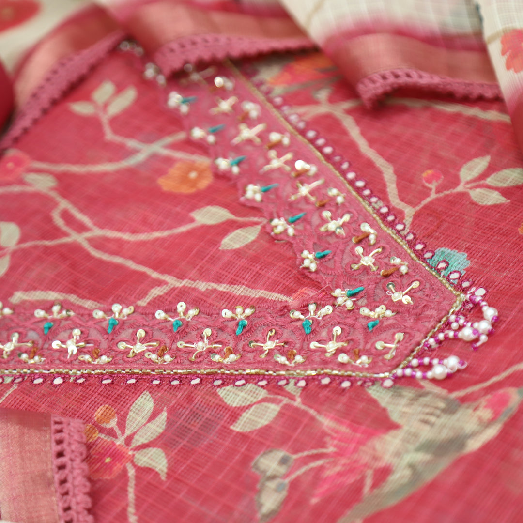 Sahiba Barn Blush V Neck with Moti and Kardana Work Floral Print Kota Doriya Set