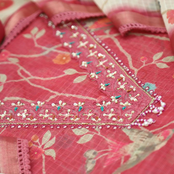 Sahiba Barn Blush V Neck with Moti and Kardana Work Floral Print Kota Doriya Set
