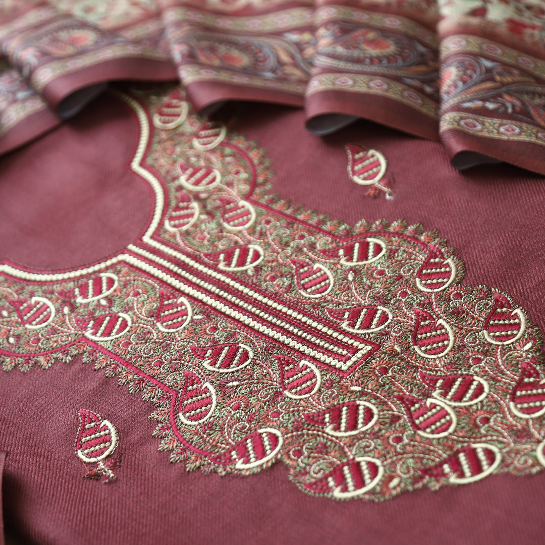 Mahisma Brick Maroon Embroidered Neck Semi Pashmina Winter Set