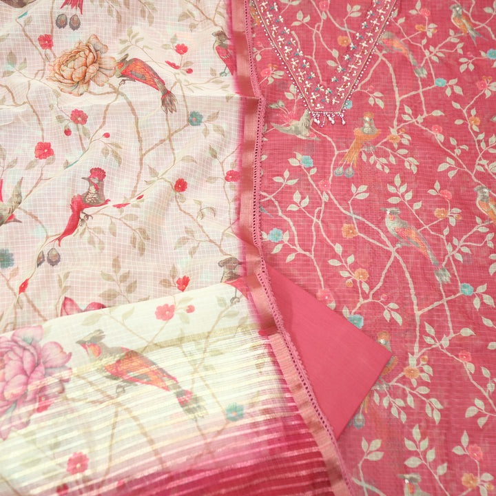 Sahiba Barn Blush V Neck with Moti and Kardana Work Floral Print Kota Doriya Set