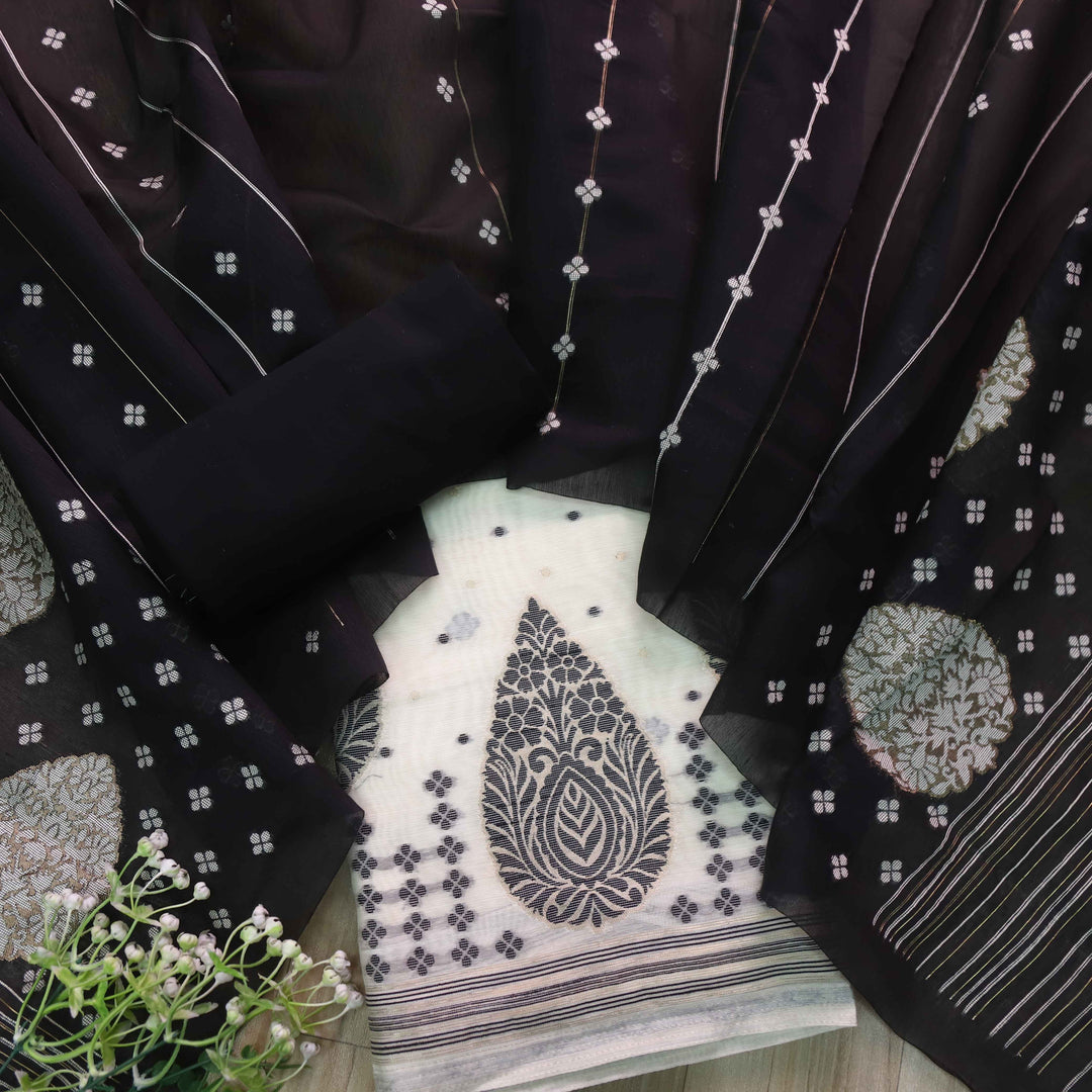 Jannat White with Black Authentic Jamdani Weaved Suit Set-D4