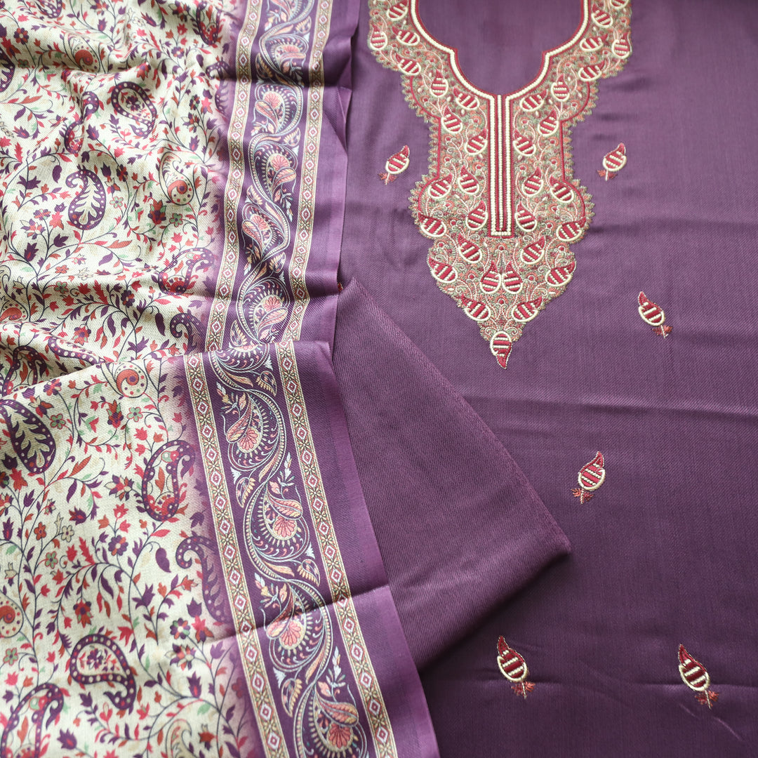 Mahisma Eggplant Purple Embroidered Neck Semi Pashmina Winter Set