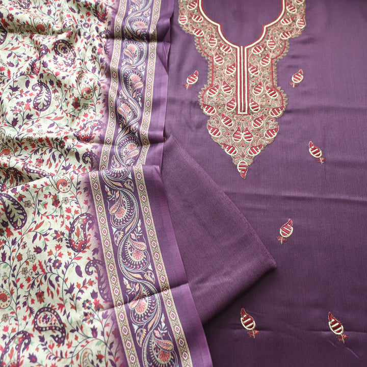 Mahisma Eggplant Purple Embroidered Neck Semi Pashmina Winter Set