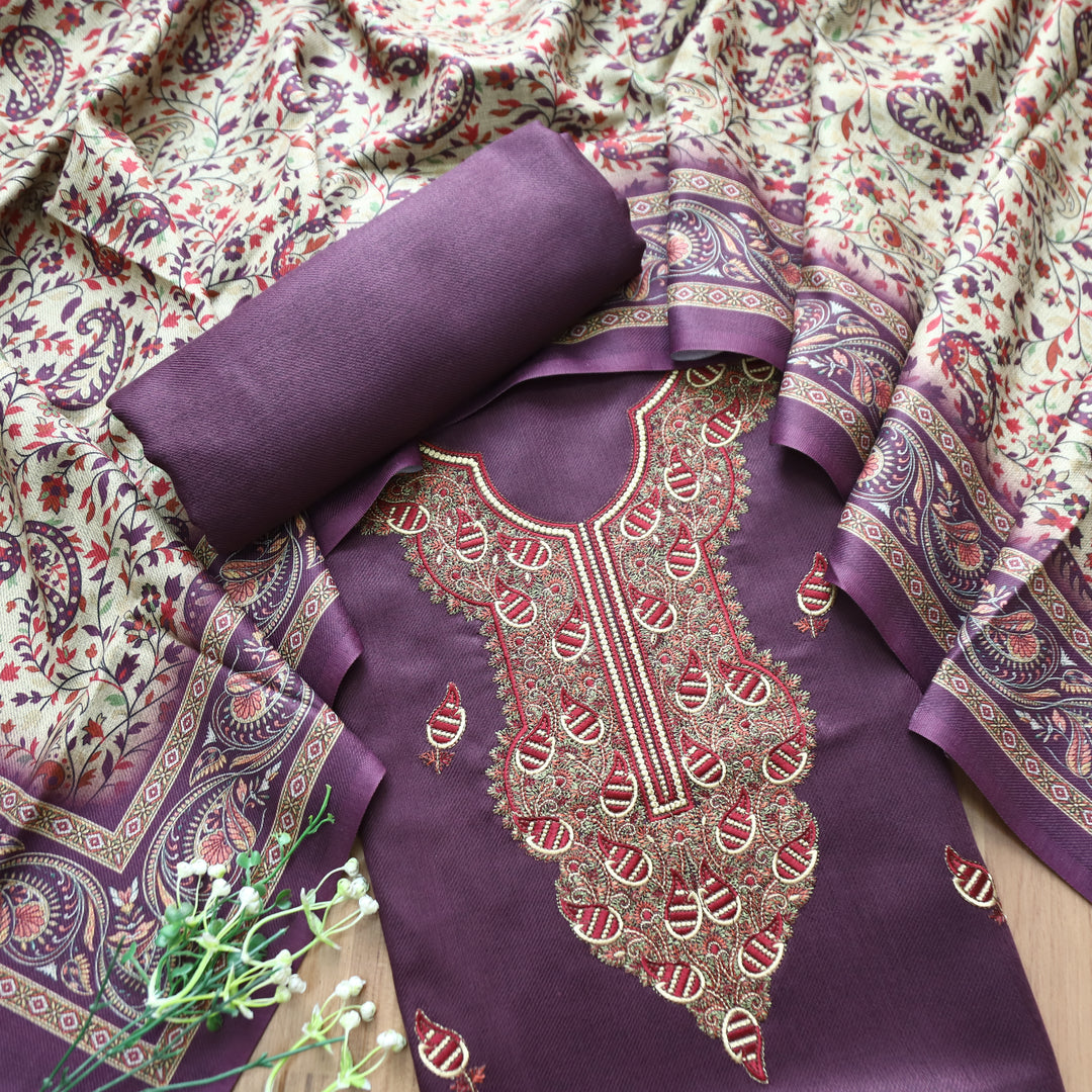 Mahisma Eggplant Purple Embroidered Neck Semi Pashmina Winter Set