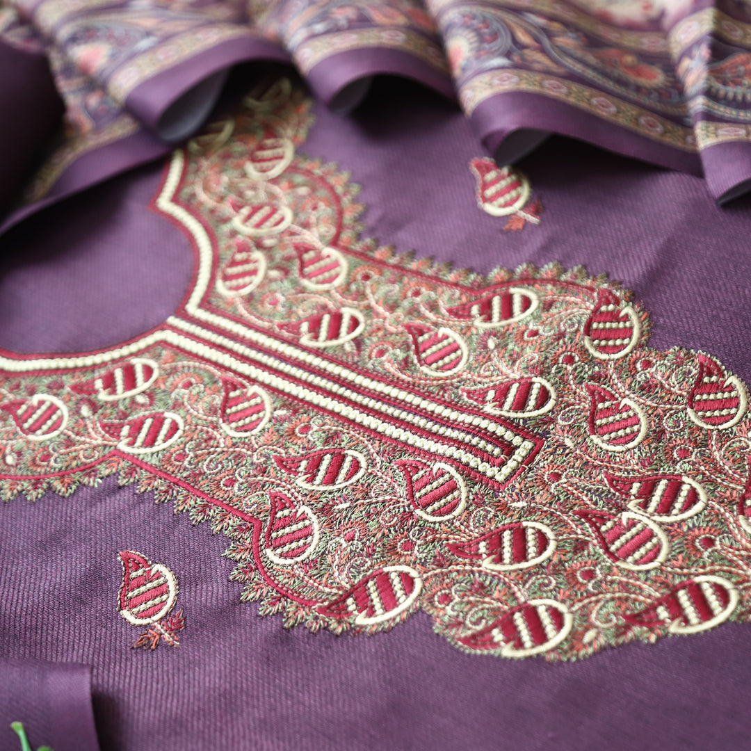 Mahisma Eggplant Purple Embroidered Neck Semi Pashmina Winter Set