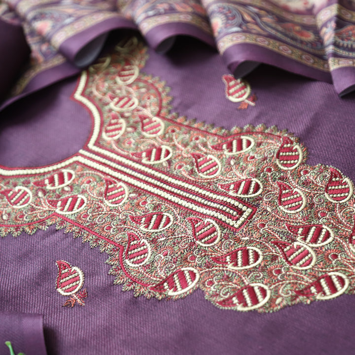 Mahisma Eggplant Purple Embroidered Neck Semi Pashmina Winter Set