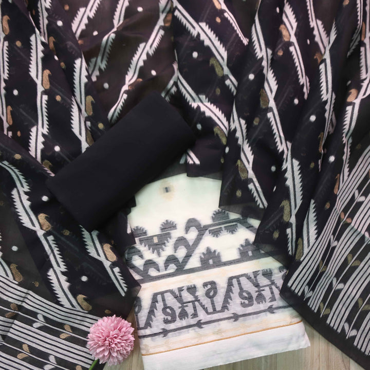 Jannat White with Black Authentic Jamdani Weaved Suit Set D1