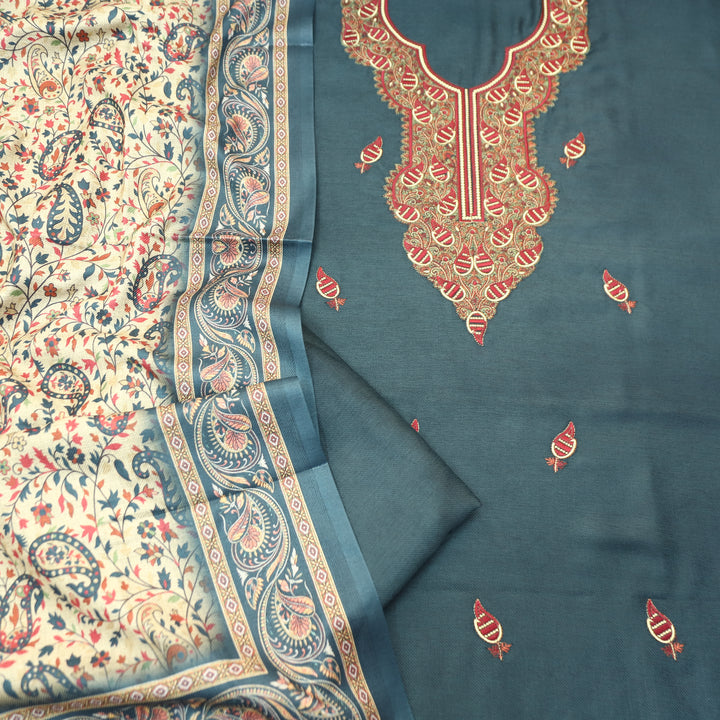 Mahisma Sacramento Teal Embroidered Neck Semi Pashmina Winter Set