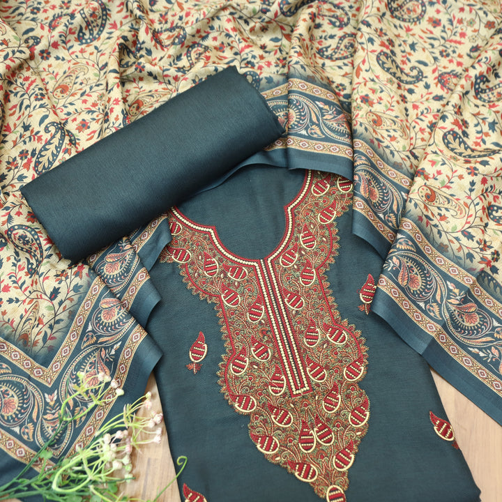 Mahisma Sacramento Teal Embroidered Neck Semi Pashmina Winter Set