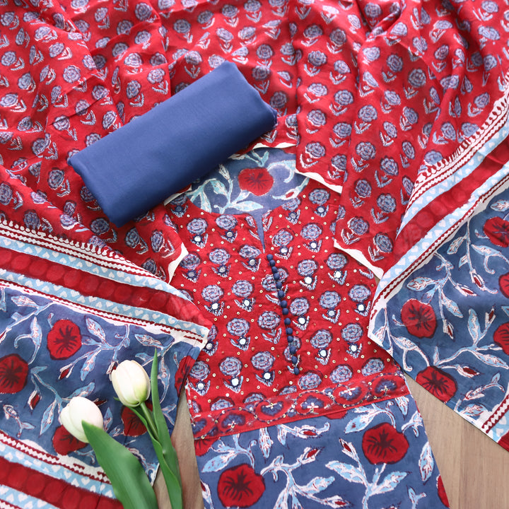 Billori Blue with Red Floral Dabu Print with Potli Button Detailing Cotton Set