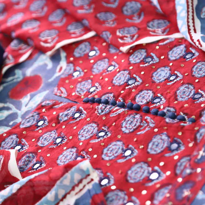 Billori Blue with Red Floral Dabu Print with Potli Button Detailing Cotton Set