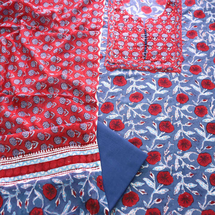Billori Blue with Red Floral Dabu Print with Potli Button Detailing Cotton Set