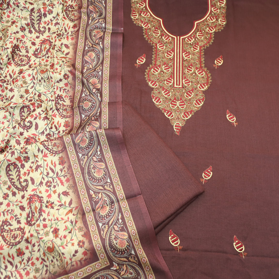 Mahisma Choco Brown Embroidered Neck Semi Pashmina Winter Set