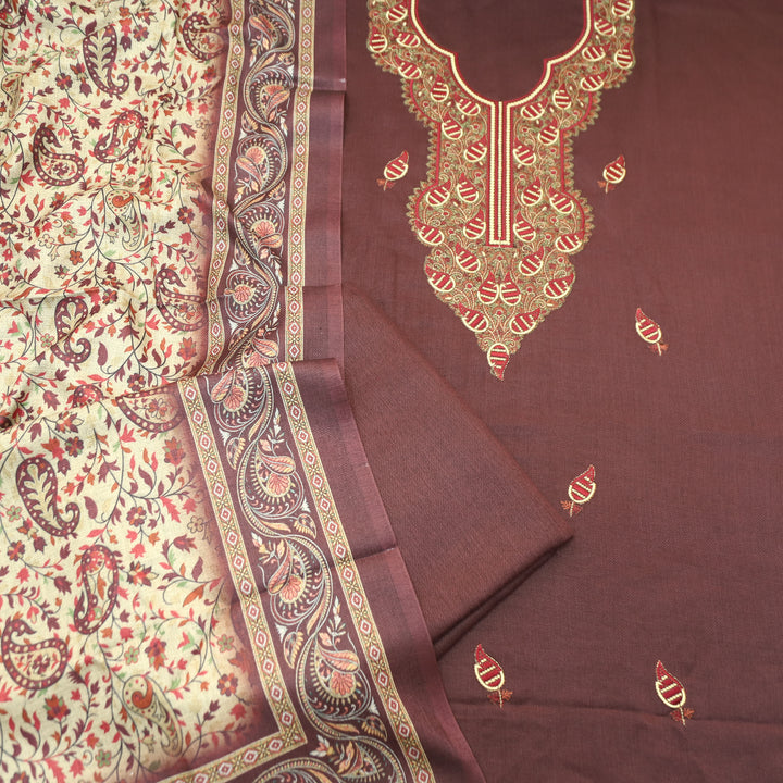 Mahisma Choco Brown Embroidered Neck Semi Pashmina Winter Set