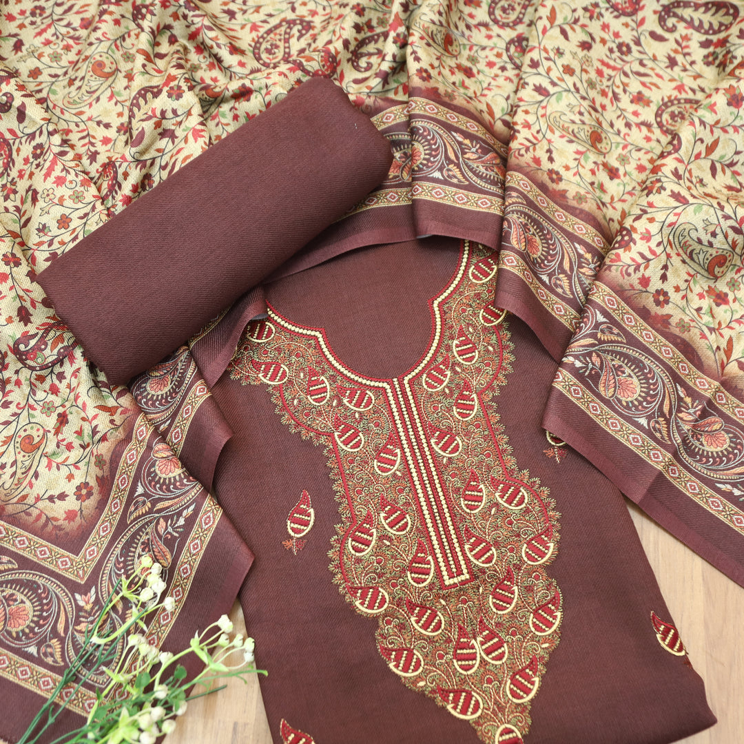 Mahisma Choco Brown Embroidered Neck Semi Pashmina Winter Set
