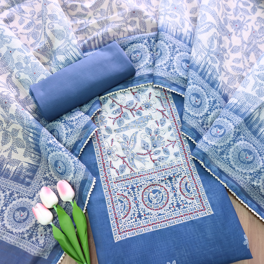 Kamaya Cerulean Blue Kantha Printed Yoke with Zari and Thread Cotton Linen Suit Set