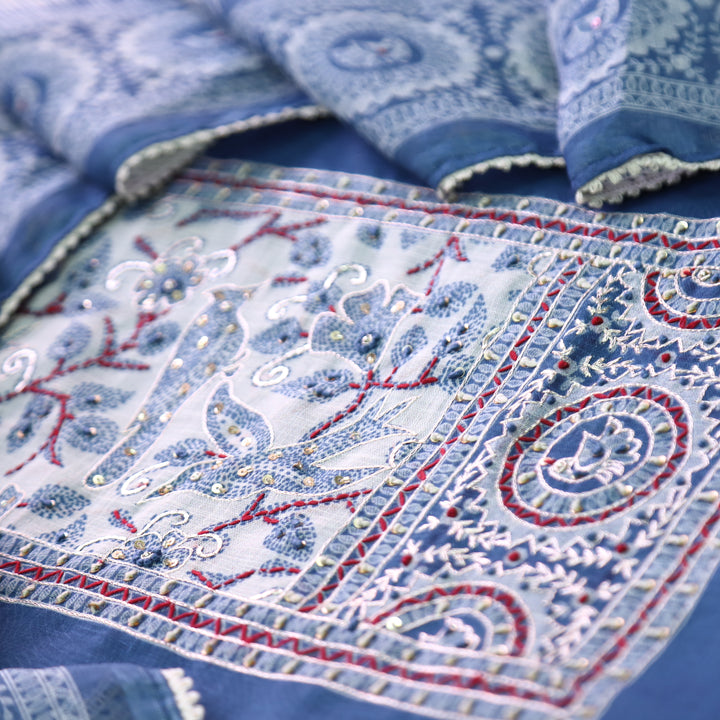 Kamaya Cerulean Blue Kantha Printed Yoke with Zari and Thread Cotton Linen Suit Set