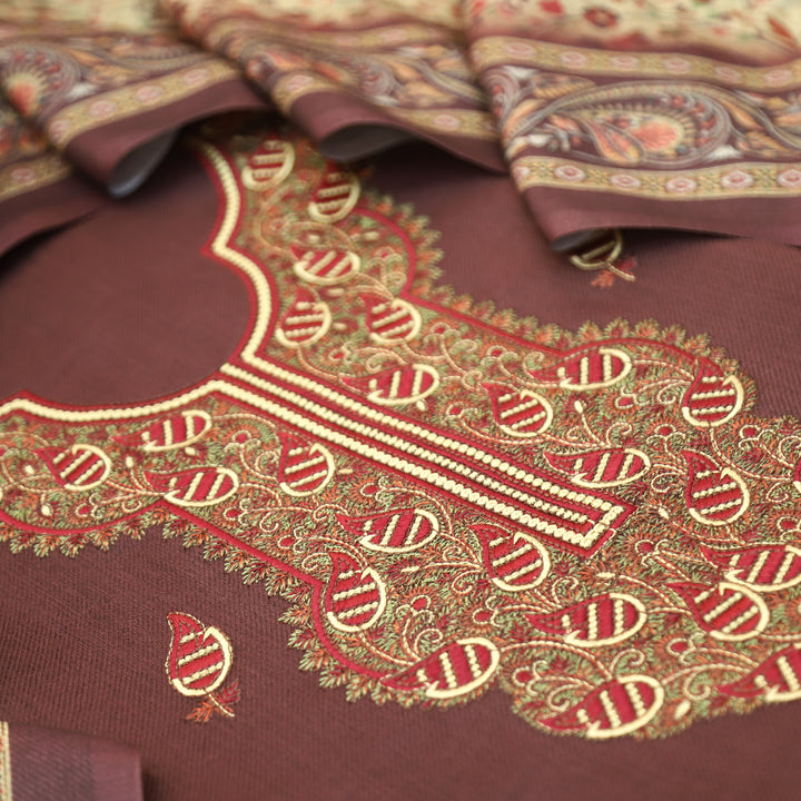 Mahisma Choco Brown Embroidered Neck Semi Pashmina Winter Set
