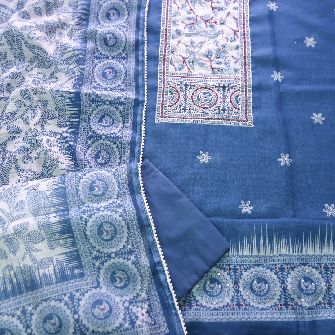 Kamaya Cerulean Blue Kantha Printed Yoke with Zari and Thread Cotton Linen Suit Set