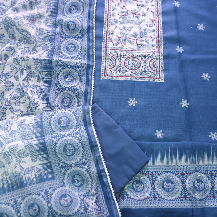 Kamaya Cerulean Blue Kantha Printed Yoke with Zari and Thread Cotton Linen Suit Set
