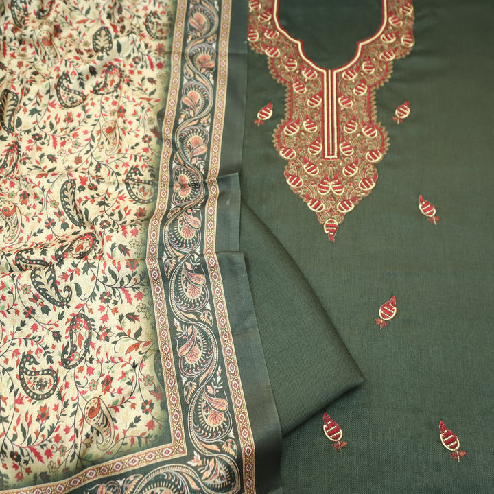 Mahisma Mehendi Green Embroidered Neck Semi Pashmina Winter Set
