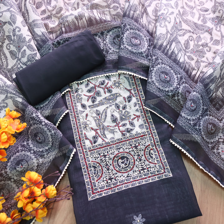 Kamaya Ebony Black Kantha Printed Yoke with Zari and Thread Cotton Linen Suit Set