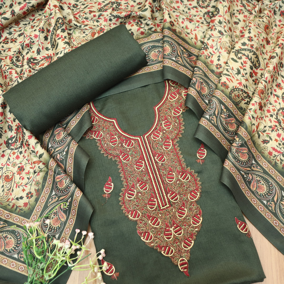 Mahisma Mehendi Green Embroidered Neck Semi Pashmina Winter Set