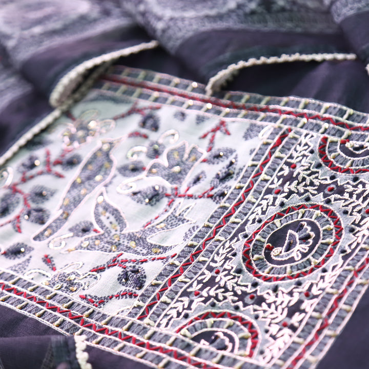 Kamaya Ebony Black Kantha Printed Yoke with Zari and Thread Cotton Linen Suit Set