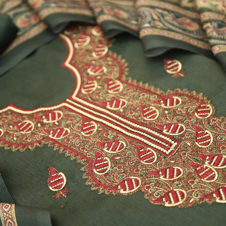 Mahisma Mehendi Green Embroidered Neck Semi Pashmina Winter Set