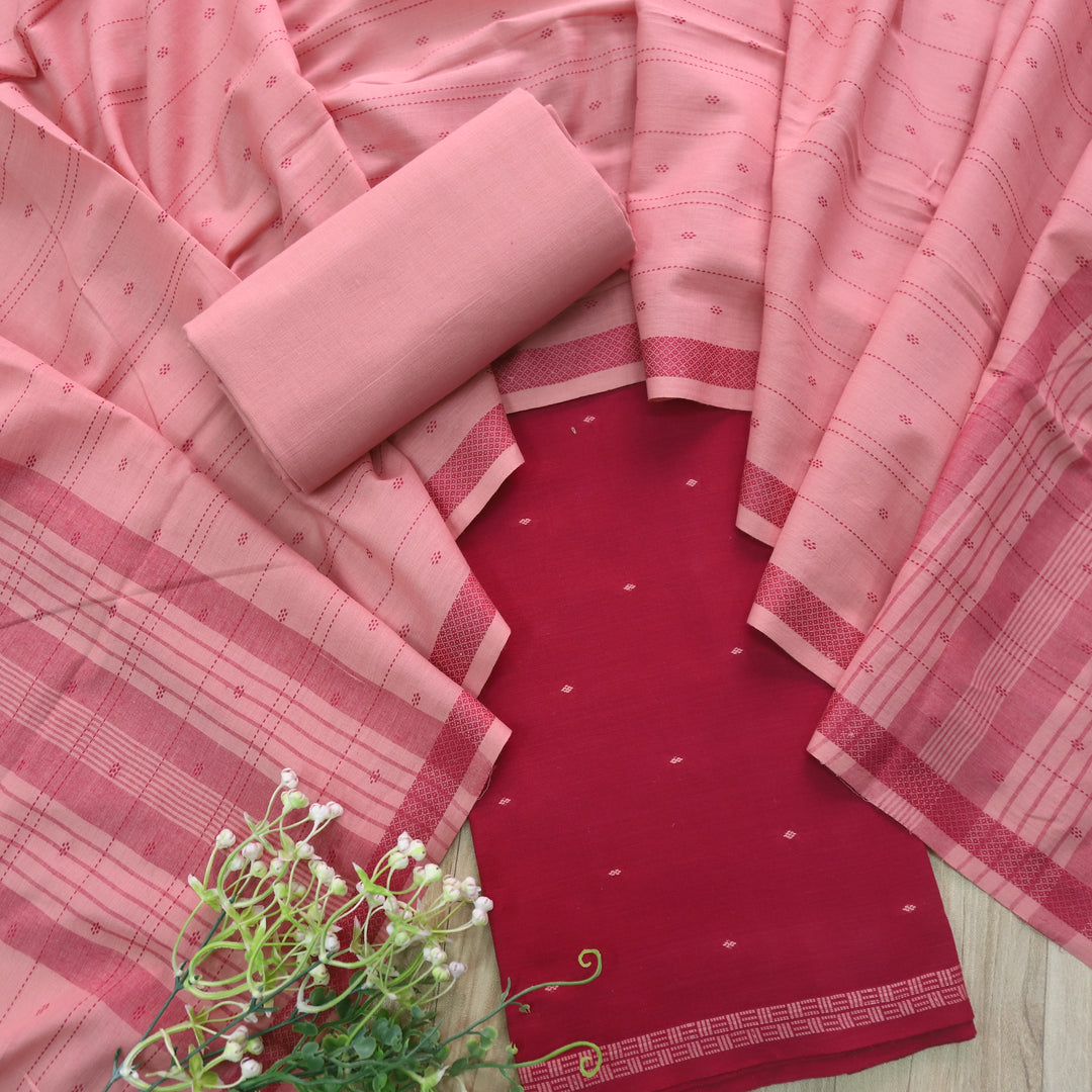 Madhubala Maroon Red All Over Thread Weaved Handloom Cotton Suit Set
