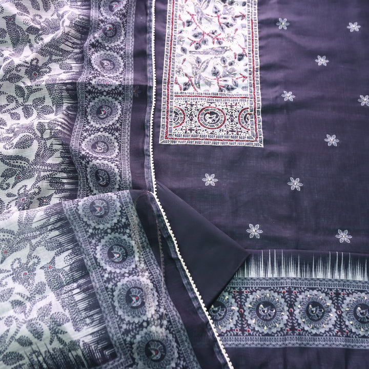 Kamaya Ebony Black Kantha Printed Yoke with Zari and Thread Cotton Linen Suit Set